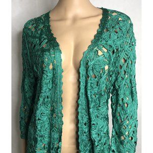 Chico's Travelers Size 1  M Medium Green Soutache Cardigan Ribbon Crochet Floral